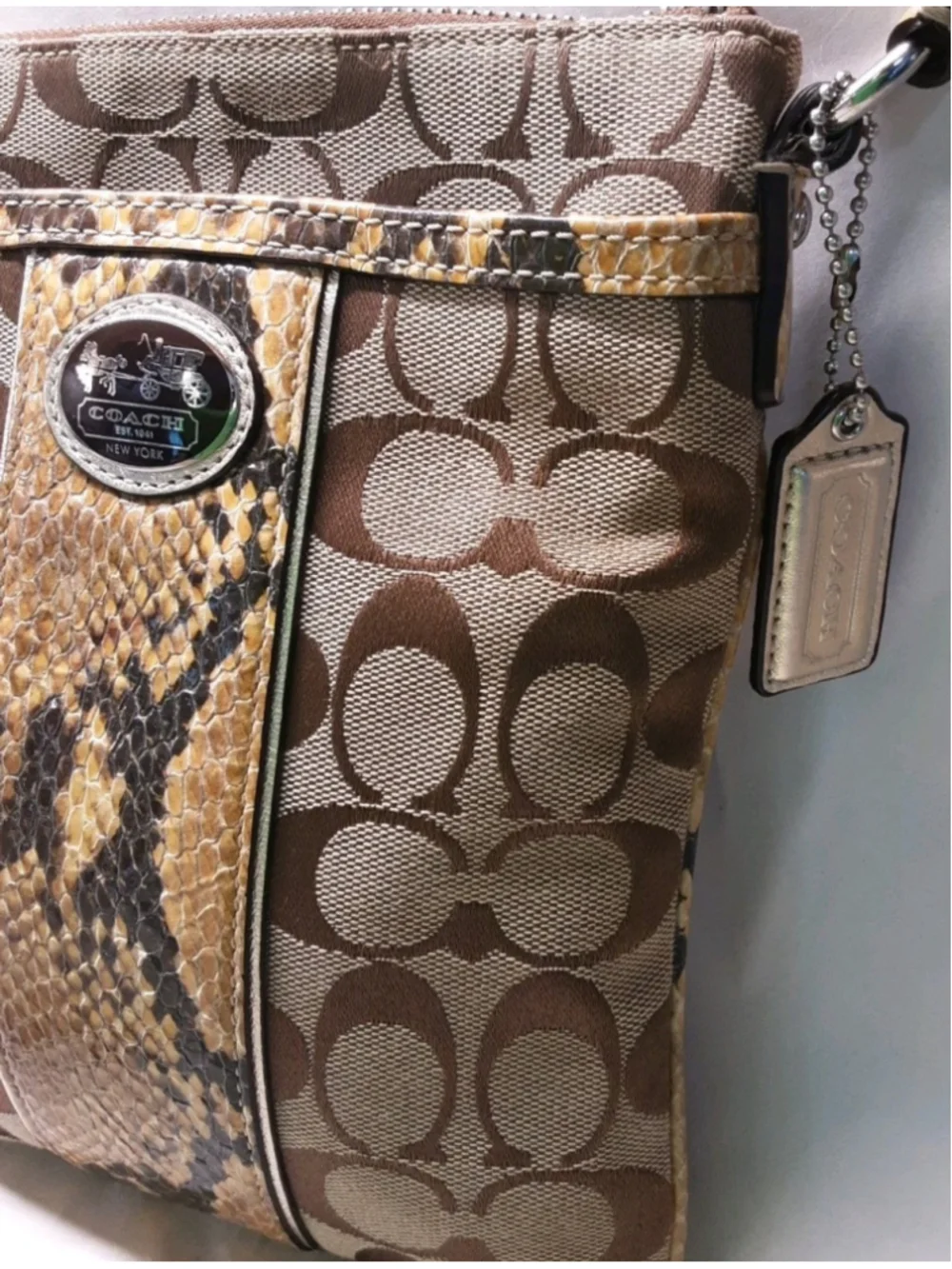 COACH-Sutton-Signature Crossbody-Python Trim-Gold Logo Khaki Jacquard #47875